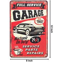 AOYEGO Full Service Garage Tin Sign,Mechanic On Duty 24-7 Car Service Parts Repairs and Drink Free Coffee Vintage Metal Tin Signs for Cafes Bars Pubs Shop Wall Decorative Funny Retro Signs 8x12 Inch