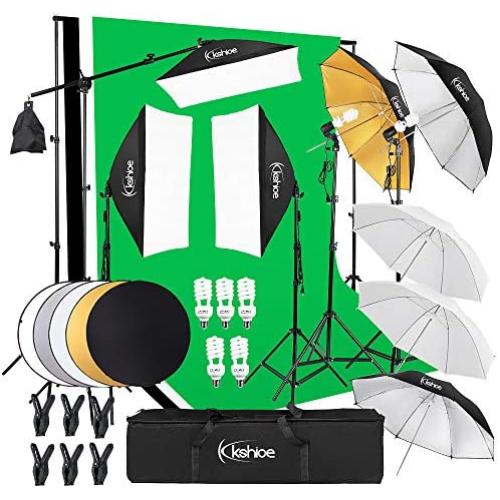 Kshioe Photography Lighting Kit:6.5x10feet/2x3m Backdrops Stand Support System, 5 in 1 reflectors, 1600w 5500k Umbrellas Softbox Continuous Lighting Kit for Portrait, Product and Video Shooting