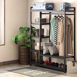 LITTLE TREE Free -standing Closet Organizer,Heavy Duty Closet Storage with 6 Shelves and Hanging Bar, Large Clothes Storage & Standing Garmen Rack, Black