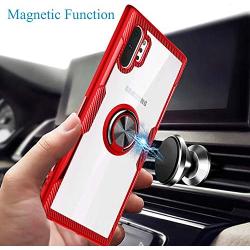 Galaxy Note 10+ Plus/Pro/5G Case,WATACHE Crystal Clear Carbon Fiber Design Armor Protective Case with 360 Degree Rotation Finger Ring Grip Holder Kickstand for Galaxy Note 10+/Plus,Red