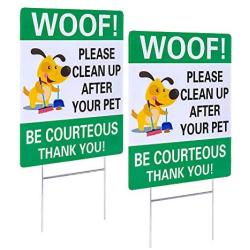 WaaHome Pack of 2 Double Sided Woof Please Clean Up After Your Pet Yard Signs with Metal Wire H-Stakes, 8''X12'' Funny No Poop Pee Dog Yard Sign Lawn Sign