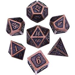 Bememo Polyhedral Metal Dices Set Zinc Alloy with Enamel Solid Metal for DND Game, Tabletop RPG, Dungeons and Dragons, Math Teaching, 7 Pieces Dice Set with Black Velvet Bag (Red Copper)