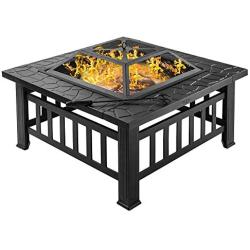 Bonnlo 32” Fire Pit Outdoor Wood Burning Table Backyard, Terrace, Patio, Camping - Includes Mesh Spark Screen Top, Waterproof Cover and Poker