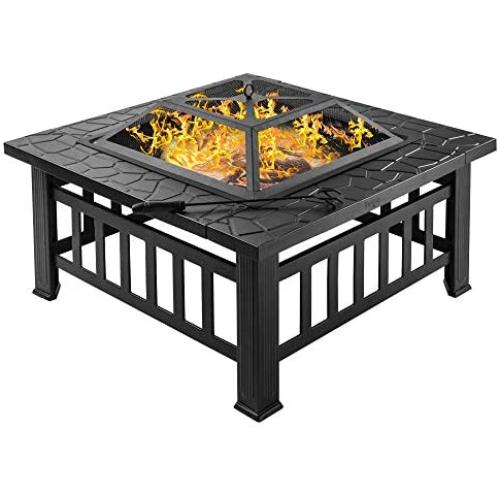 Bonnlo 32” Fire Pit Outdoor Wood Burning Table Backyard, Terrace, Patio, Camping - Includes Mesh Spark Screen Top, Waterproof Cover and Poker