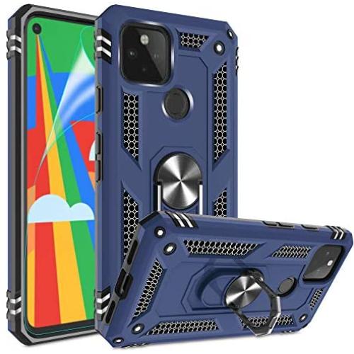 Google Pixel 4A 5G Case, Pixel 4A 5G Phone Case with HD Screen Protector, Gritup 360 Degree Rotating Metal Ring Holder Kickstand Armor Cover Case for Google Pixel 4A 5G Blue