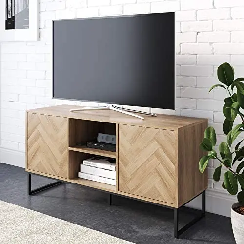 Nathan James Dylan Media Console Cabinet or TV Stand with Doors for Hidden Storage in a Natural Reclaimed Herringbone Wood Pattern and Metal, Oak/Matte Black Nathan James Dylan Media Console Cabinet or TV Stand with Doors for Hidden Storage in a Natural Reclaimed Herringbone Wood Pattern and Metal, Oak/Matte Black