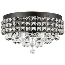 Kira Home Gemma 15'' Modern Chic 4-Light Flush Mount Crystal Chandelier + Round Metal Shade, Dimmable, Brushed Black Finish