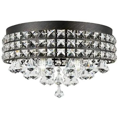 Kira Home Gemma 15'' Modern Chic 4-Light Flush Mount Crystal Chandelier + Round Metal Shade, Dimmable, Brushed Black Finish