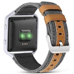 Jobese Compatible with Fitbit Blaze Bands, Soft Classic Canvas Fabric Straps with Genuine Leather Bands with Silver Metal Frame Compatible with Fitbit Blaze Bands Men Women