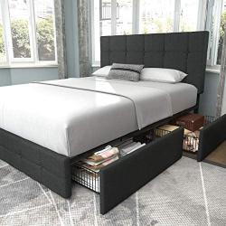 Allewie Queen Platform Bed Frame with 4 Drawers Storage and Headboard, Square Stitched Button Tufted Upholstered Mattress Foundation with Wood Slat Support, No Box Spring Needed, Dark Grey