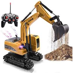 Remote Control Excavator Toy Truck RC Excavator with Metal Shovel Lights Sounds Rechargable Engineering Sand Digger Construction Vehicle Toy Gift for Boys Girls Kids & Children