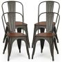 COSTWAY 18 Inch Dining Chair Set of 4, Industrial Vintage Stackable Metal Chairs, Counter Bar Chairs with High Backrest, Wood Seat, for Home, Kitchen and Cafe Bar Use