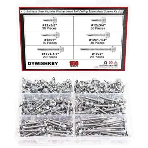 DYWISHKEY 160 Pieces 410 Stainless Steel #12 Hex Washer Head Self Drilling Sheet Metal Screws Assortment Kit DYWISHKEY 160 Pieces 410 Stainless Steel #12 Hex Washer Head Self Drilling Sheet Metal Screws Assortment Kit