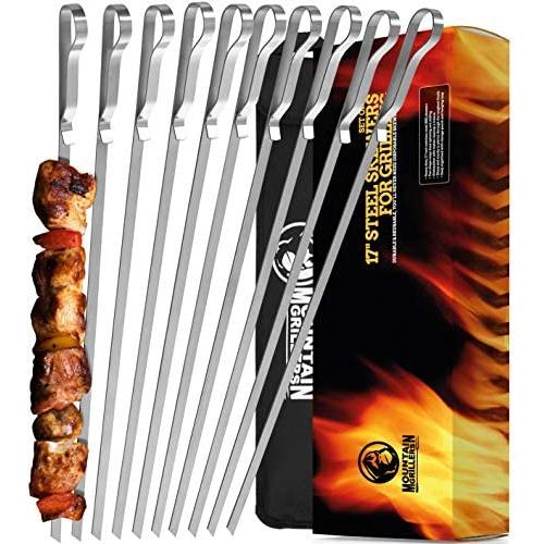 Mountain Grillers BBQ Grilling Kabob Skewers - 17” Stainless Steel - Long Reusable Flat Metal - Barbecue Shish Kebab Sticks – Set of 10 w/Handy Storage Bag