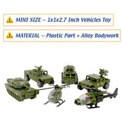 Nunkitoy Die-cast Military Vehicles,6 Pack Assorted Alloy Metal Army Vehicle Models Car Toys,Original Color Mini Army Toy Tank,Jeep,Panzer,Anti-Air Vehicle,Helicopter Playset for Kids Toddlers Boys