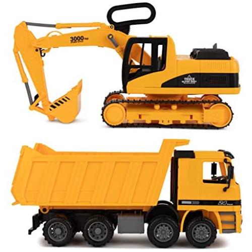 Excavator & Dump Truck Toy for Kids (Set of 2) – Moveable Claw & Lifting Back – Garbage Truck & Bulldozer Digger – Construction Vehicle for Kids & Children by Toy To Enjoy