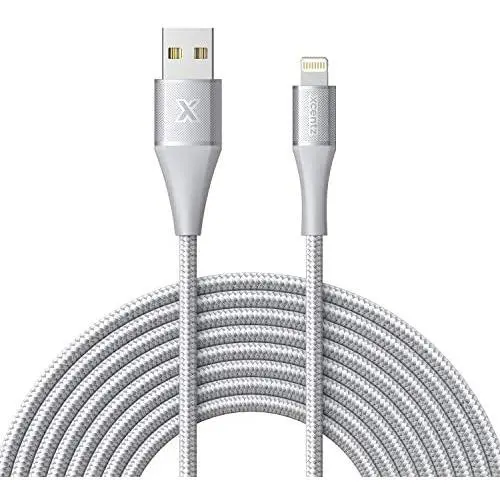 Xcentz iPhone Charger 10ft, MFi Certified Lightning Cable, Braided Nylon High-Speed iPhone Cable with Premium Metal Connector for iPhone 11/X/XS/XR/XS Max/8/7/6/5S/SE, iPad Mini/Air, Silver
