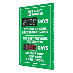 SCK120 Digi-Day Electronic Scoreboard,''This Plant HAS Worked Days W/O an OSHA RECORDABLE Injury - The Best Previous Record was Days - DO Your Part! Help Make A New Record''