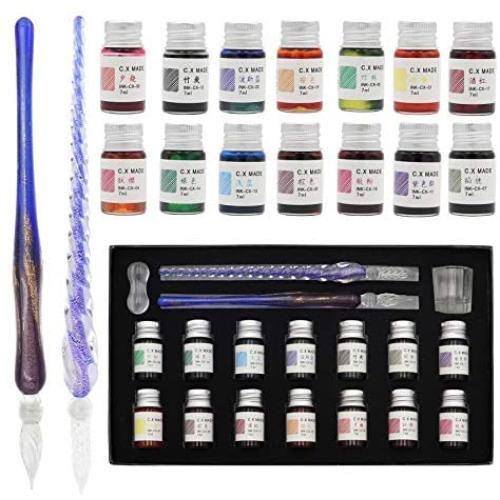 AXEARTE Glass Dip Pen Set, 18-Pieces Calligraphy Pens Set - 14 Color Inks, Pen Holder, Cleaning Cup, 2 Crystal Glass Pens for Art, Writing, Drawing, Signatures, Gift for Kids and Artist