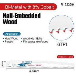 EZARC Reciprocating Saw Blade Bi-Metal Cobalt Sabre Saw Blades for Wood Demolition 12-Inch 6TPI R1222DH (5-Pack)