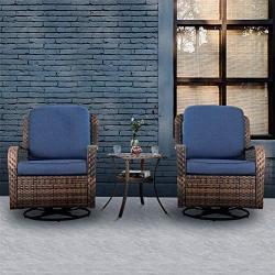 PHI VILLA Rattan Swivel Rocking Chairs 3 PC Patio Conversation Set, 2 Cushioned Chairs & 1 Side Table