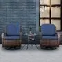 PHI VILLA Rattan Swivel Rocking Chairs 3 PC Patio Conversation Set, 2 Cushioned Chairs & 1 Side Table