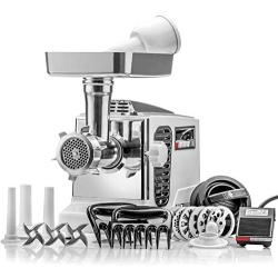 STX Turboforce II''Platinum'' w/Foot Pedal Heavy Duty Electric Meat Grinder & Sausage Stuffer: 6 Grinding Plates, 3 S/S Blades, 3 Sausage Tubes, Kubbe, 2 Meat Claws, Burger-Slider Patty Maker - White