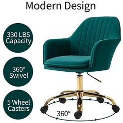 HOMHUM Modern Velvet Home Office Computer Desk Task Chair with Wheels, Mid-Back Adjustable Swivel with Arms Chair, Green Vanity Chair with Gold Metal Base