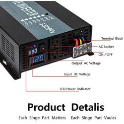 WZRELB Full Power Endurable 3500W 12VDC to 120VAC 60HZ US DUAL OUTLETS LED DISPLAY PURE SINE WAVE INVERTER Power Converter, (RBP350012B1)