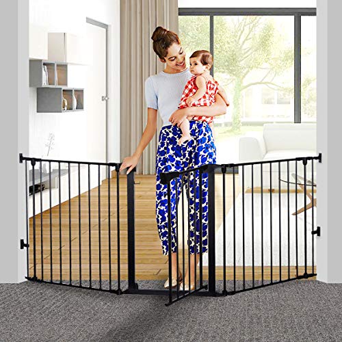 KingSo 80 inch Auto Close Baby Gate Super Wide Safety Gate Foldable Extra Wide 33-80 inch Walk Thru for House Stair Doorways Hallways Include Hardware Mounts(30'' Tall, Black)