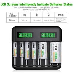 EBL LCD Universal Battery Charger - 8 Bay AA AAA C D Battery Charger for Rechargeable Batteries Ni-MH AA AAA C D Batteries with 2A USB Port, Type C Input, Fast AA AAA Battery Charger