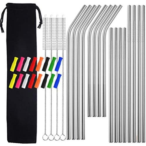 Metal Straws with Silicone Tip, 8.5'' 10.5'' Reusable Stainless Steel Straws with Cleaning Brush for 20 30oz Cups (Silver)