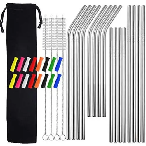 Metal Straws with Silicone Tip, 8.5'' 10.5'' Reusable Stainless Steel Straws with Cleaning Brush for 20 30oz Cups (Silver)
