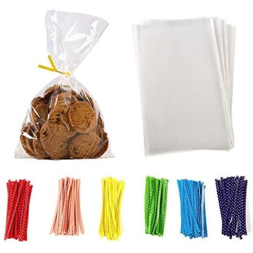 100 Pcs 8 in x 6 in Clear Flat Cello Cellophane Treat Bags Good for Bakery,Popcorn,Cookies, Candies,Dessert 1.4mil.Give Metallic Twist Ties!