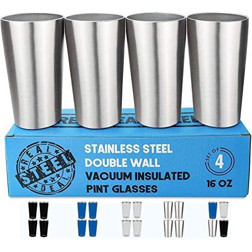 Real Deal Steel Stainless Pint Glasses - Double Wall Vacuum Insulated Metal Beer Cups to Keep Drinks Cold or Hot - Set of 4 Rimless, Stackable, Unbreakable, Sweat Free Tumblers (Stainless Steel)