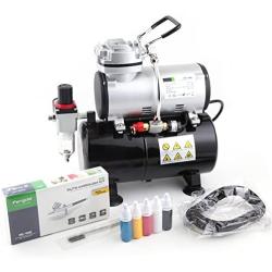 FENGDA Airbrush Kit with Compressor and Paint AS-186K, Airbrush Compressor with 3L Air Tank, Dual Action Gravity Feed Airbrush Gun, 5 Primary Opaque Acrylic Paints, Airbrush Hose (110-120V)