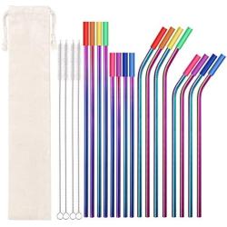 Metal Straws Stainless Steel Straws 16 Pcs 10.5'' 8.5'' Reusable Drinking Straws Rainbow Multi Colored Straws for 20 24 30 OZ Yeti Rtic Tumblers with 16 Silicone Tips 4 Cleaning Brush 1 Case