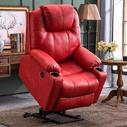 Mcombo Electric Power Lift Recliner Chair Sofa with Massage and Heat for Elderly, 3 Positions, 2 Side Pockets and Cup Holders, USB Ports, Faux Leather 7040 (Medium, Red)