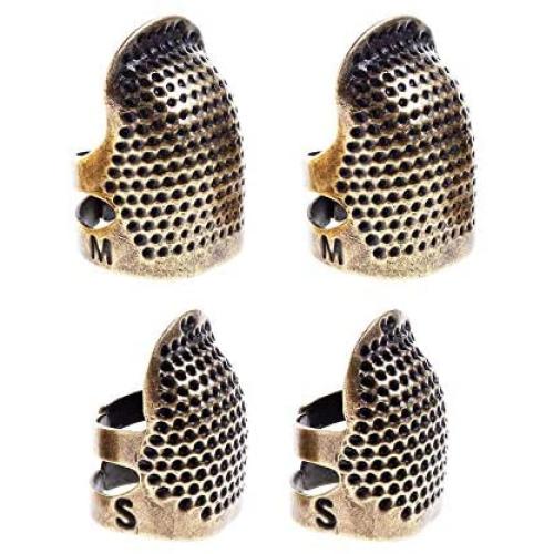 Juland 4 Pieces Sewing Thimble Retro Handwork Finger Shield Protector Adjustable Metal Copper Ring Fingertip Thimble Embroidery Needlework Pin Needles Sewing Quilting Craft DIY Tools