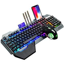 Wireless Gaming Keyboard and Mouse,RGB Backlit Rechargeable Keyboard Mouse with 4800mAh Battery Metal Panel,Removable Hand Rest Mechanical Feel Keyboard and 7 Color Gaming Mute Mouse for PC Gamer