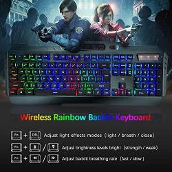 Wireless Keyboard and Mouse,Rainbow LED Backlit Rechargeable Keyboard Mouse with 3800mAh Battery Metal Panel,Mechanical Feel Keyboard and 7 Color Gaming Mute Mouse for Windows Computer Gamers（Rainbow）