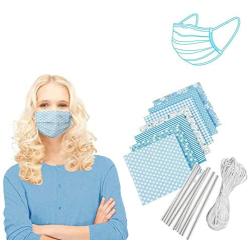 Cotton Craft Fabric Bundle Patchwork Squares Quilting Sewing DIY Face Cloth Mask Cover Scrapbooking Artcraft Different Pattern 7 Pieces/Pack w/10 x Face Cover Metal Wire/6M Mask Elastic Rope Blue