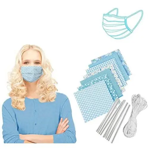 Cotton Craft Fabric Bundle Patchwork Squares Quilting Sewing DIY Face Cloth Mask Cover Scrapbooking Artcraft Different Pattern 7 Pieces/Pack w/10 x Face Cover Metal Wire/6M Mask Elastic Rope Blue