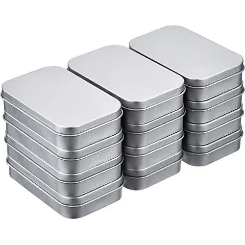 Hotop 12 Pack 3.75 by 2.45 by 0.8 Inch Silver Metal Rectangular Empty Hinged Tins Box Containers with Lids Mini Portable Box Small Storage Kit, Home Organizer