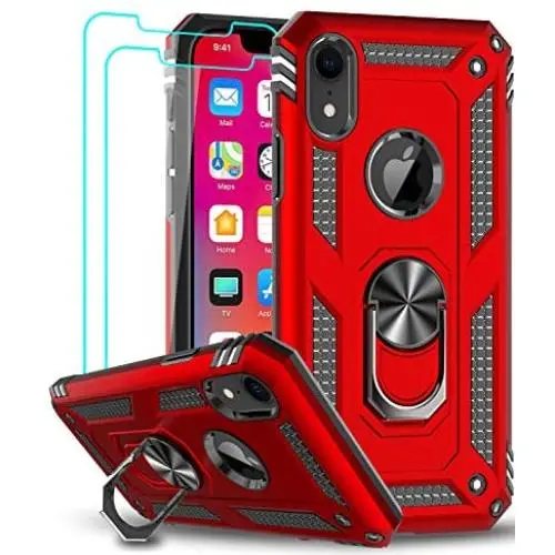 LeYi Compatible for iPhone XR Case with Tempered Glass Screen Protector [2 Pack], [Military-Grade] Defender Protective Phone Case with Magnetic Ring Kickstand for iPhone XR 10 10XR, Red