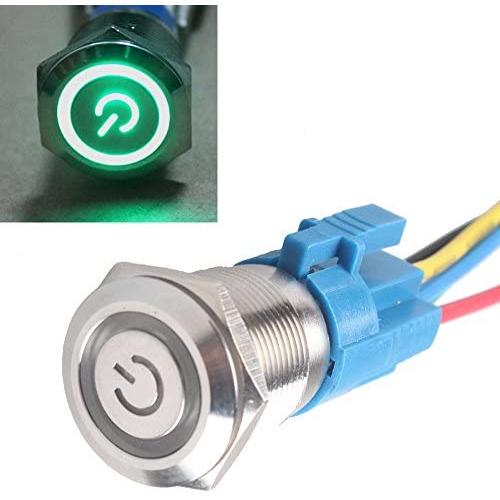 ESUPPORT 16mm 12V 3A Power Symbol Angel Eye Halo Car Green LED Light Metal Push Button Toggle Switch Socket Plug Wire