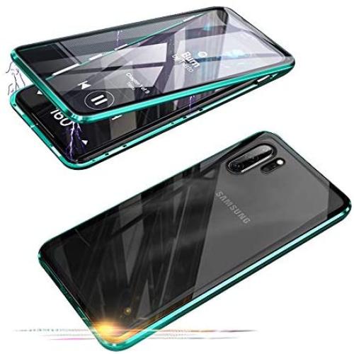 Compatible with Samsun Galaxy Note 10+ 5G (6.8 inch) Case, Jonwelsy 360 Degree Front and Back Transparent Tempered Glass Cover, Strong Magnetic Adsorption Metal Bumper for Note 10 Plus (Green)