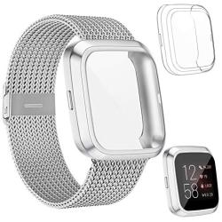 HAPAW Metal Bands Plus Screen Protector Case Compatible with Fitbit Versa 2, Stainless Steel Magnetic Mesh Strap Men Women Bracelet Wristbands Accessories with 2-Pack Bumper Cover for Versa 2 Smartwatch (Silver, Large)