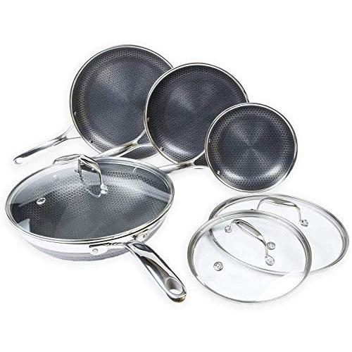 HexClad Hybrid Non-Stick Cookware | 7 Piece Set with Lids and Wok | Metal Utensil Safe, Induction Ready & PFOA-Free | Non-Stick & Stainless Steal Construction