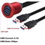 Kework Metal Dual USB 3.0 Ports Mount with Light, 3.3ft 2 Ports USB Male to 2 Ports Female Flush Mount Panel Mount Extension AUX Cable for Car Truck Boat Motorcycle Dashboard (Red & 3.3ft)